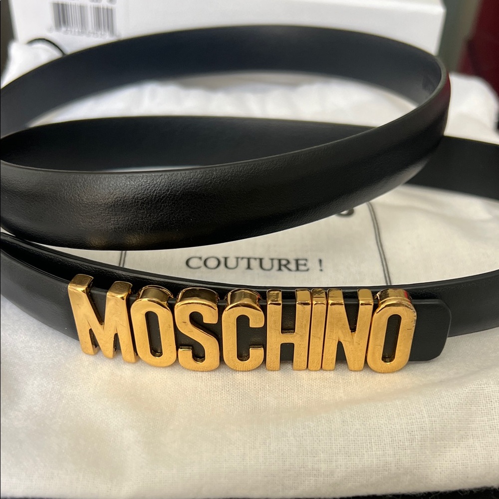 Moschino Black Leather Belt with Gold MOSCHINO Letters